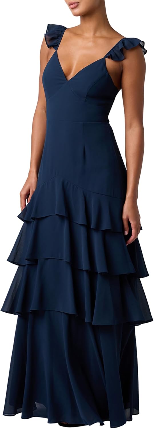 Lulus Seren Ruffle Shoulder Tiered Maxi Dress for Women Elegant Chiffon Formal Maxi Dress with Adjustable Straps