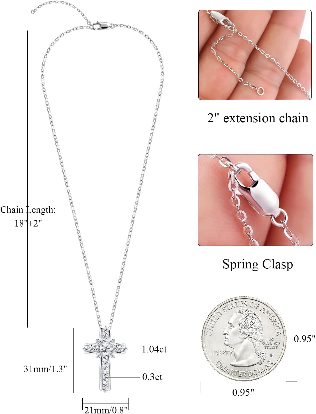 Christian Cross Moissanite Pendant Necklace for Women, D Color VVS1 925 Sterling Silver Plated 18k White Gold 20 Inches Chain - Image 4
