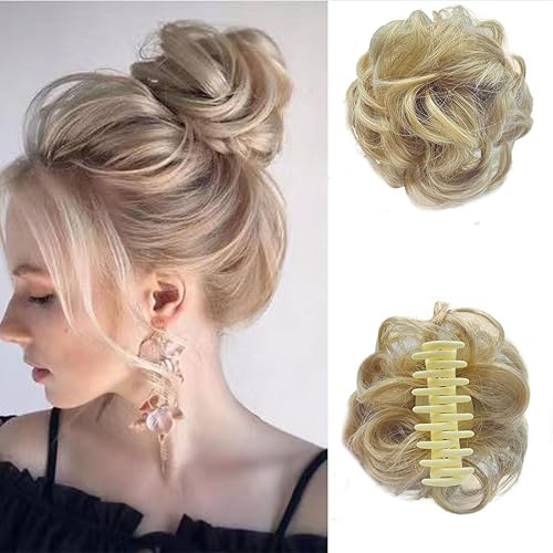 Extensión de moño con clip de garra, rizado, ondulado, sintético, con clip para mujer, postizo recogido (rubio ceniza)