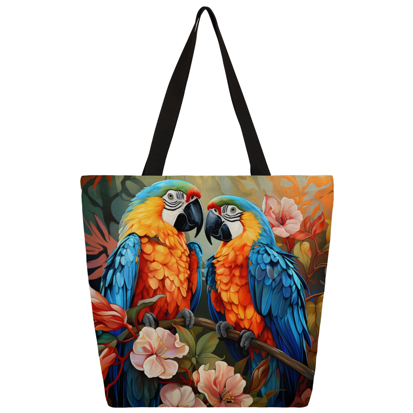 Mularoka Parrots Tropical Flowers Large Capacity Canvas Tote Bag Stylish Handheld Shoulder Bag Reusable Shopping Bag for Work Travel Beach Trips Shopping