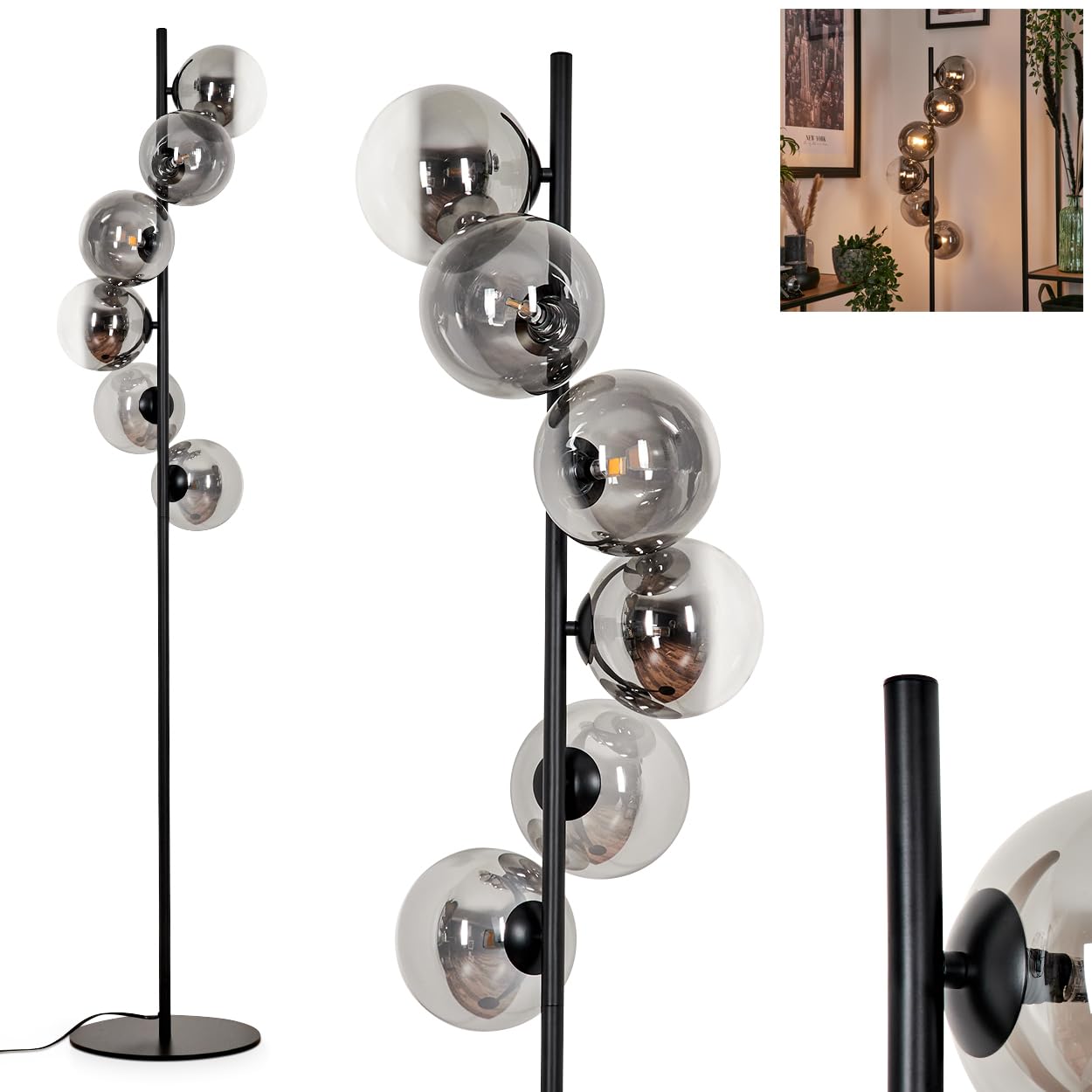 Remaisnil Floor lamp, Floor lamp Made of Metal/Glass in Black/Smoke Colour/Clear, luminaire in Retro/Vintage Design with Glass Shades (Ø 15 cm) and Foot Switch, Height 160 cm, 6 x G9, Without Bulbs