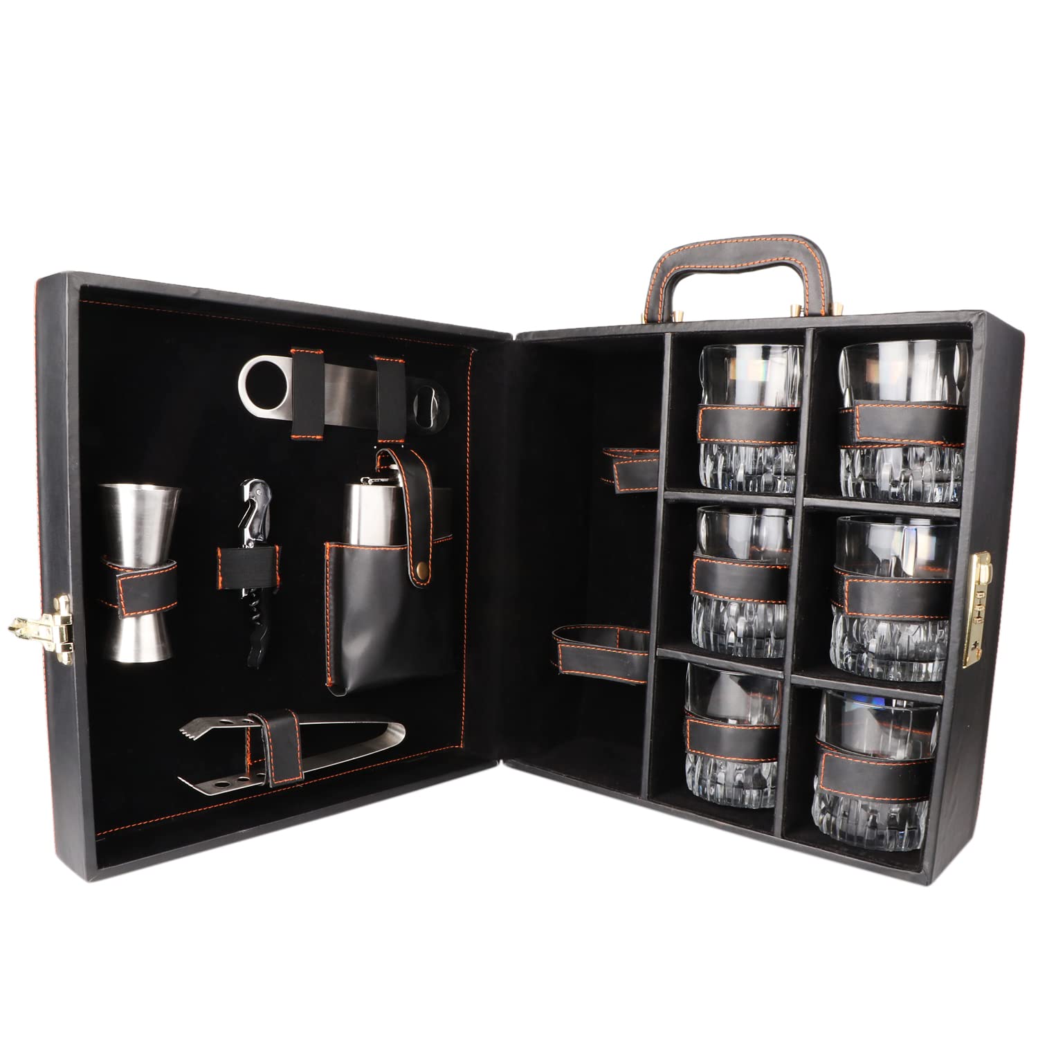 Borsi Faux Leather 6 Glasses Black Bar Set | Premium Portable Leatherette Set for Car with Bottle Opener | Whiskey Glasses GPBLPS001