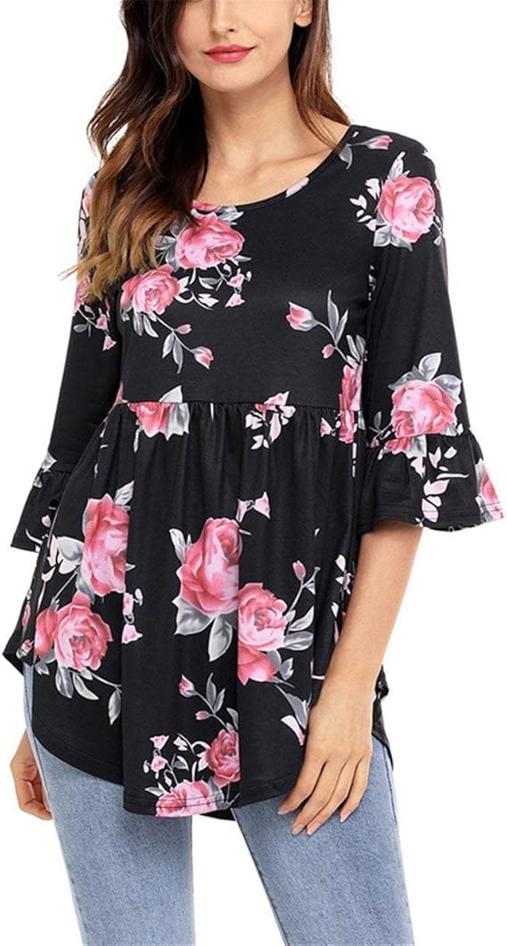 Women's Tops 3 4 Sleeve Elegant Blouses Round Tunic Hem Loose Neck