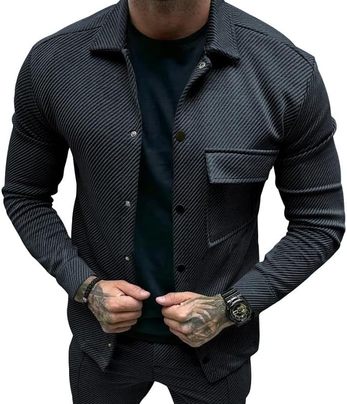 Men's Slim Fit Jacket Spring Autumn Solid Twill Button Front Casual Top with Pocket...