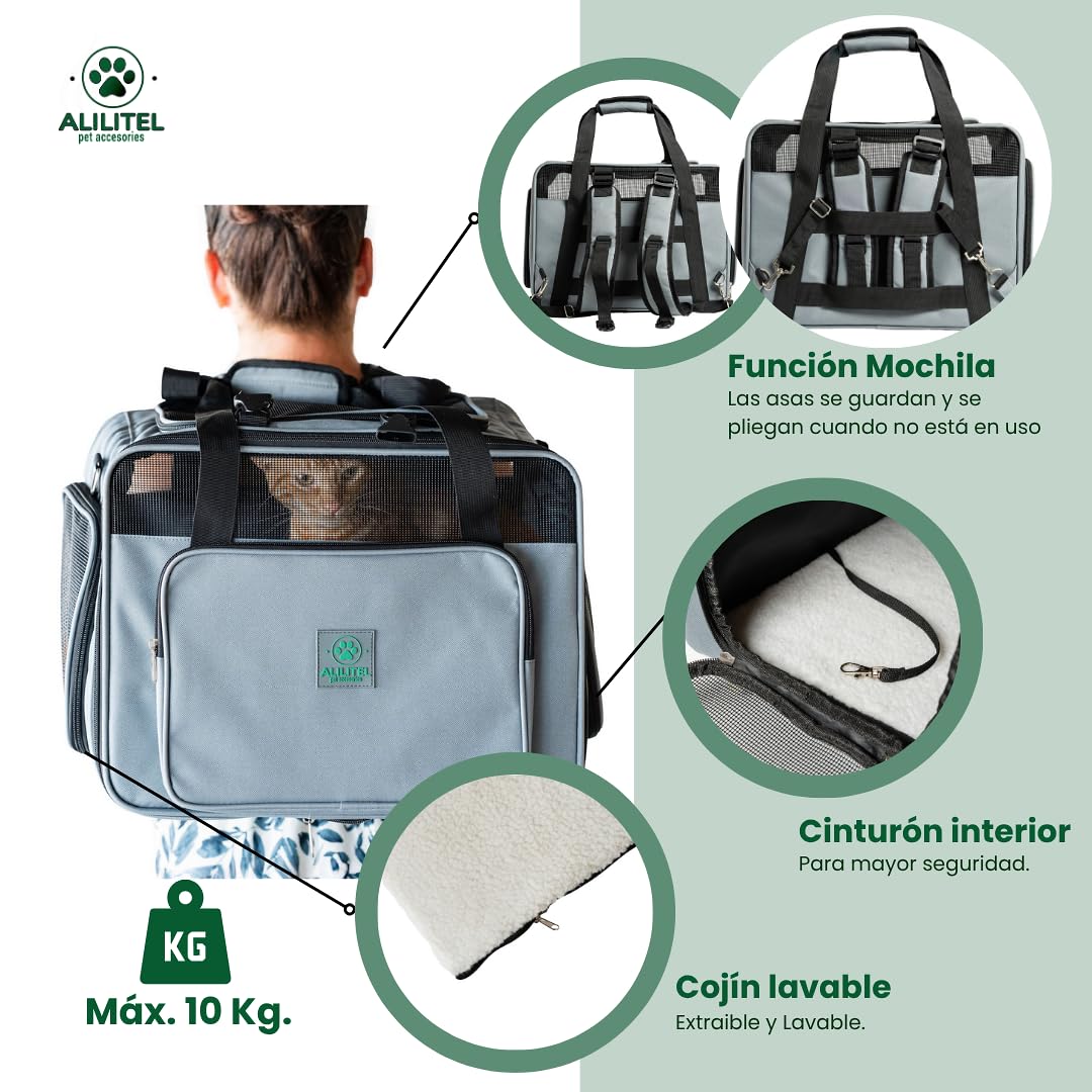 Transportin Gato Perro, Mochila Transporte para Mascotas, Transportin Transpirable con Asas y Correa de Hombro, Incluye Organizador de Documentos