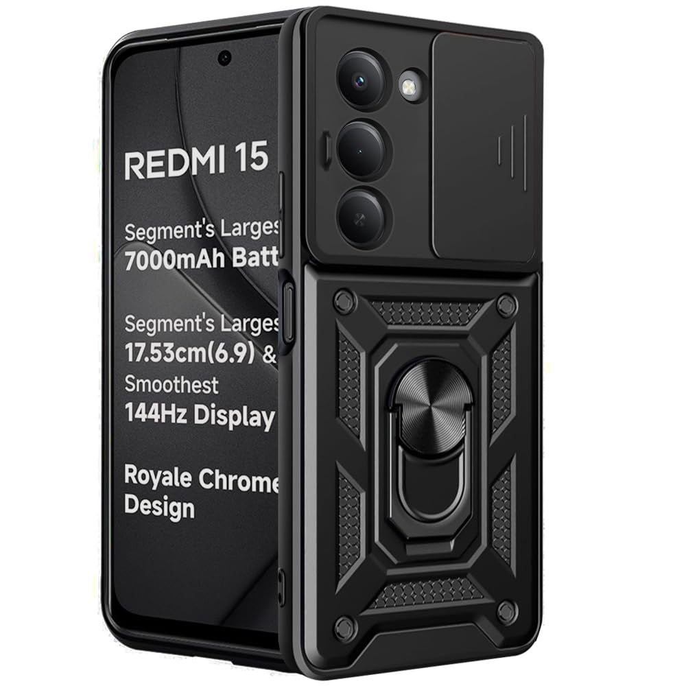 TheGiftKart Tough Armor Bumper Back Cover Case for Mi Redmi 15 5G | Sliding Camera Cover, Kickstand & Ring Holder | 360 Degree Protection Back Cover Case for Redmi 15 5G (PC & TPU, Black)-image-19