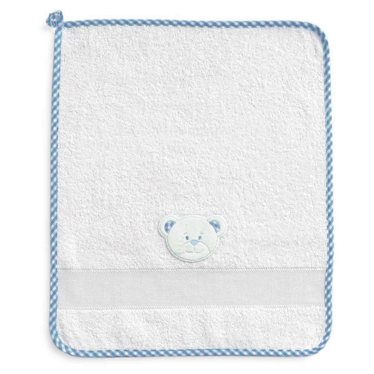 Set asilo da ricamare a punto croce, tre pezzi, sacchetto salvietta e bavaglia, Coordinato asilo in spugna bianca con tela aida, punto croce, fantasia quadretto con viso di orsetto (274 Azzurro)