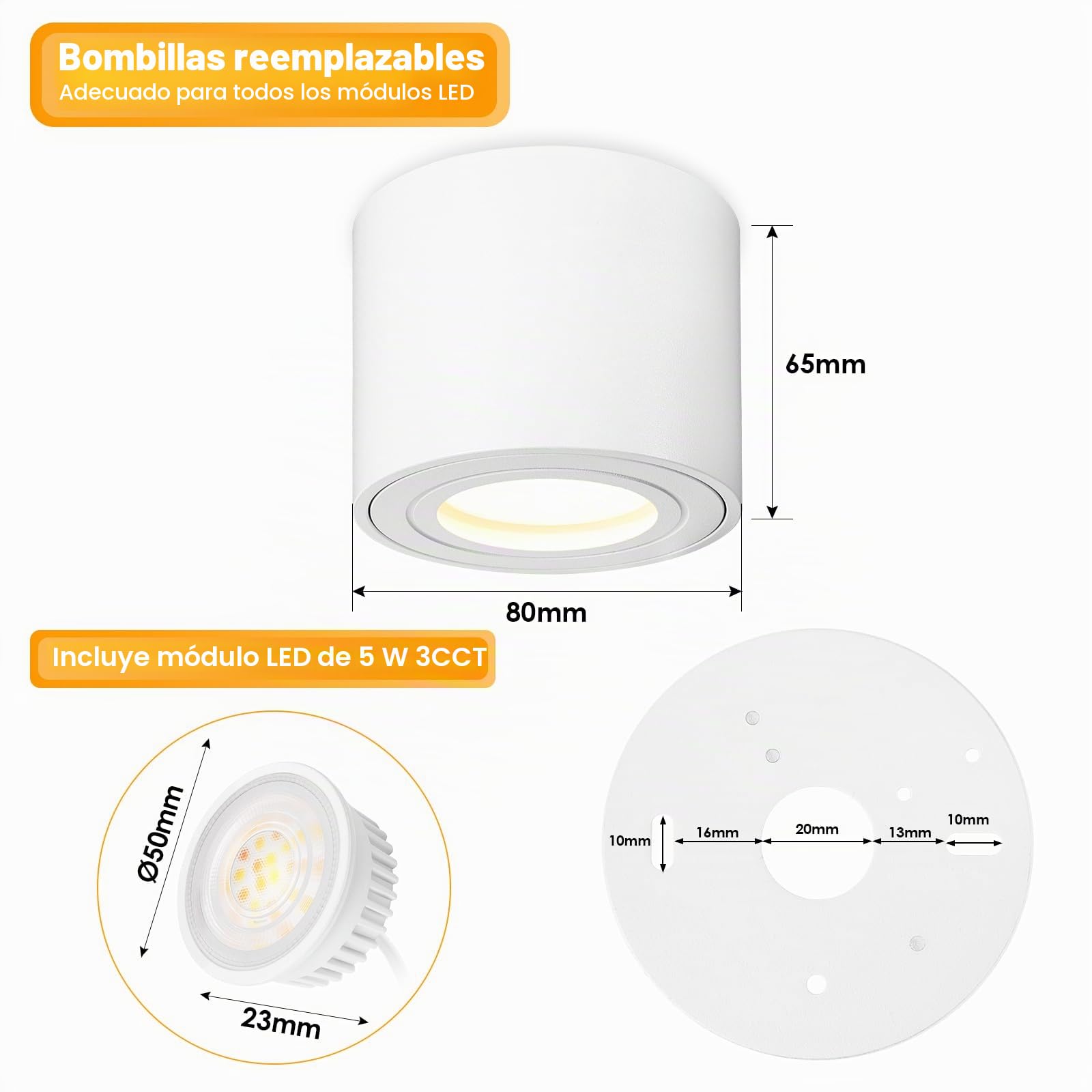 4x Focos LED Interior Techo Blanco, Aplique Techo Interior IP44 Ø80x65mm Plano, Foco 230V Incluye Módulo LED 5W 550LM, 3000K/4000K/6500K Dimmable, Aluminio,Foco para Baño