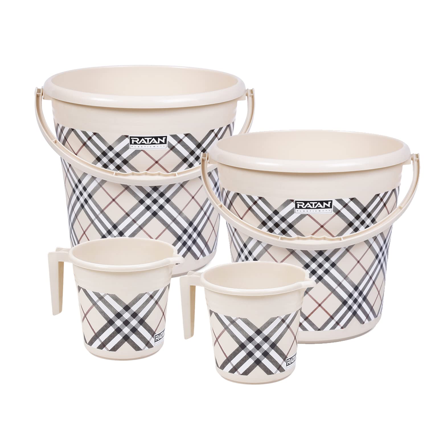 RATAN PLASTICWARE Frosty Checks Print Pack of 4 Bathroom Bucket Combo Set (18L Bucket X 2 / 1L Mug X 2) - Beige