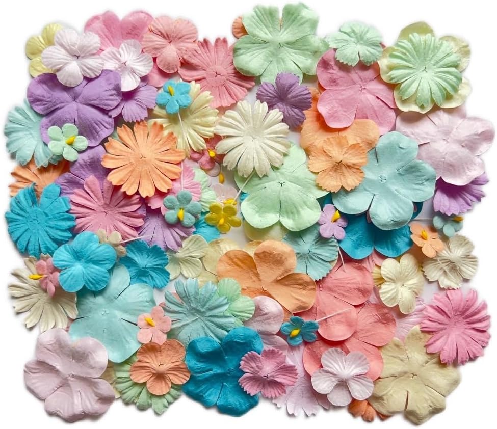 WADSUWAN SHOP Handmade Mixed Flowers Mulberry Paper Flower Scrapbooking Wedding DIY Craft Supplies Card 100 pcs (Mixed Colors)