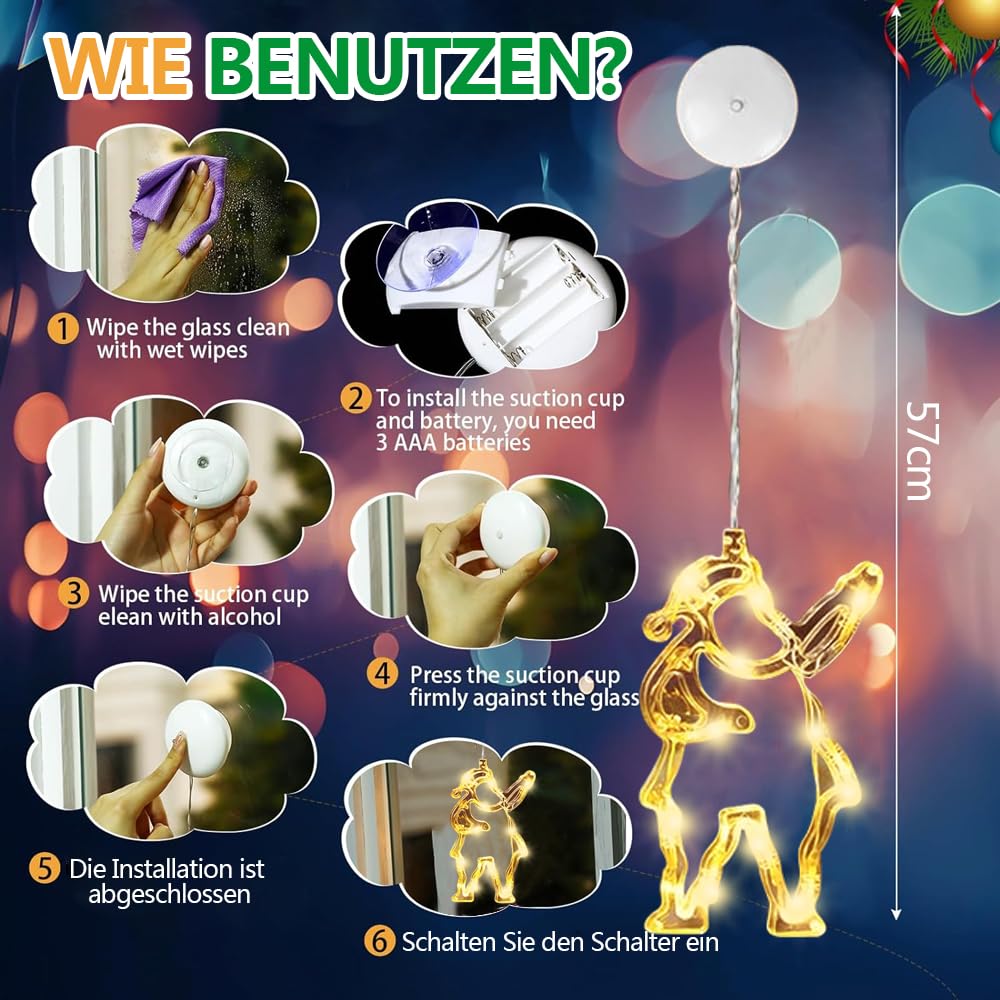 Anyingkai 6 Szt. Przyssawek LED na Boże Narodzenie, Dekoracja Okienna, Przyssawka, Dekoracja LED (Ciepła Biel)