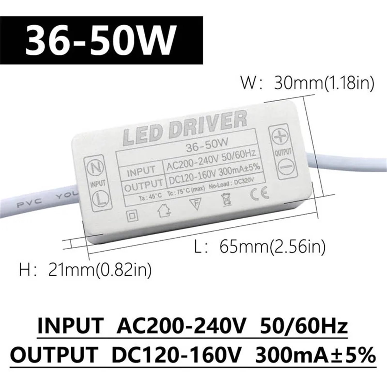 Driver LED 300mA 8-25W 18-36W 36-50W Adattatore di alimentazione AC 200-240V Trasformatori di illuminazione 1 pezzo(36-50W DC120-160V)