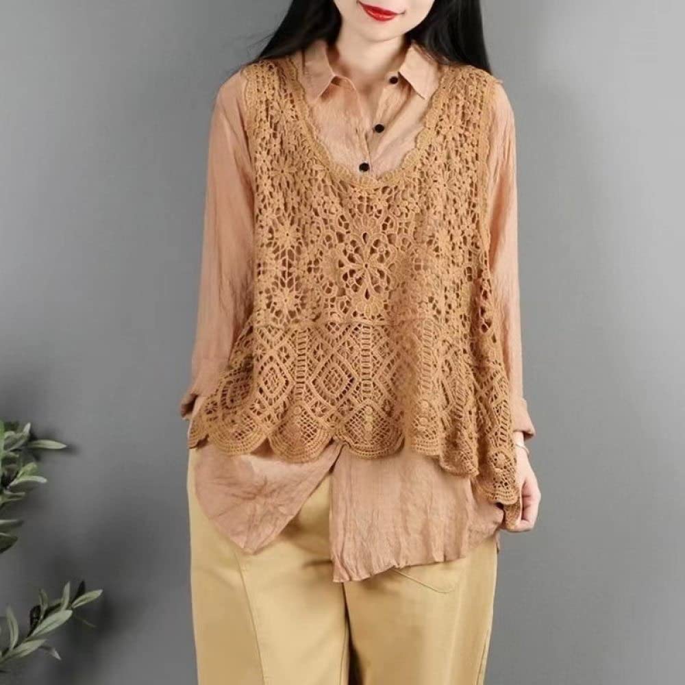OZEO Gilet da Donna,Gilet da Donna Casual Etnico Maglione Boho Floreale in Pizzo Traforato Gilet Senza Maniche Slim Maglioni Gilet Canotte Esotiche per Ragazze da Donna,Cachi,S