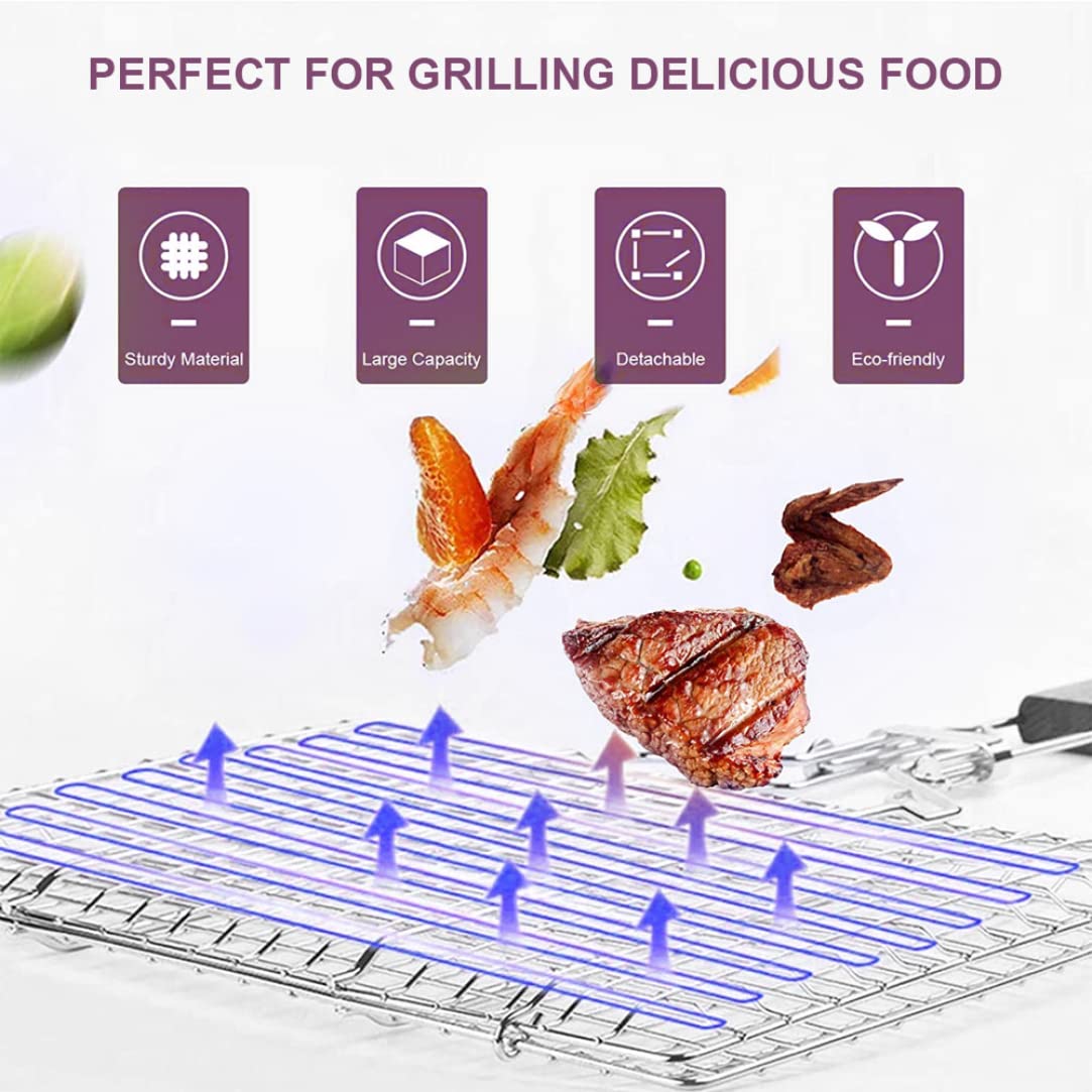 Cesta para Barbacoa Desmontable Y Plegable con Pinza de Malla para Carne Y Pescado con Mango de Madera, Cesta para Pescado Deo Inoxidable