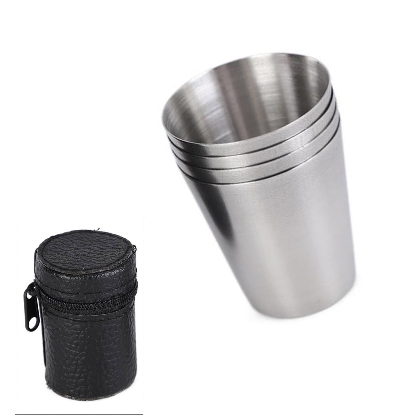 Montesy Pack of 4 Stainless Steel Shot Glasses Stackable Cups for Camping and Outdoor Activities Drinkware with PU Leather Case