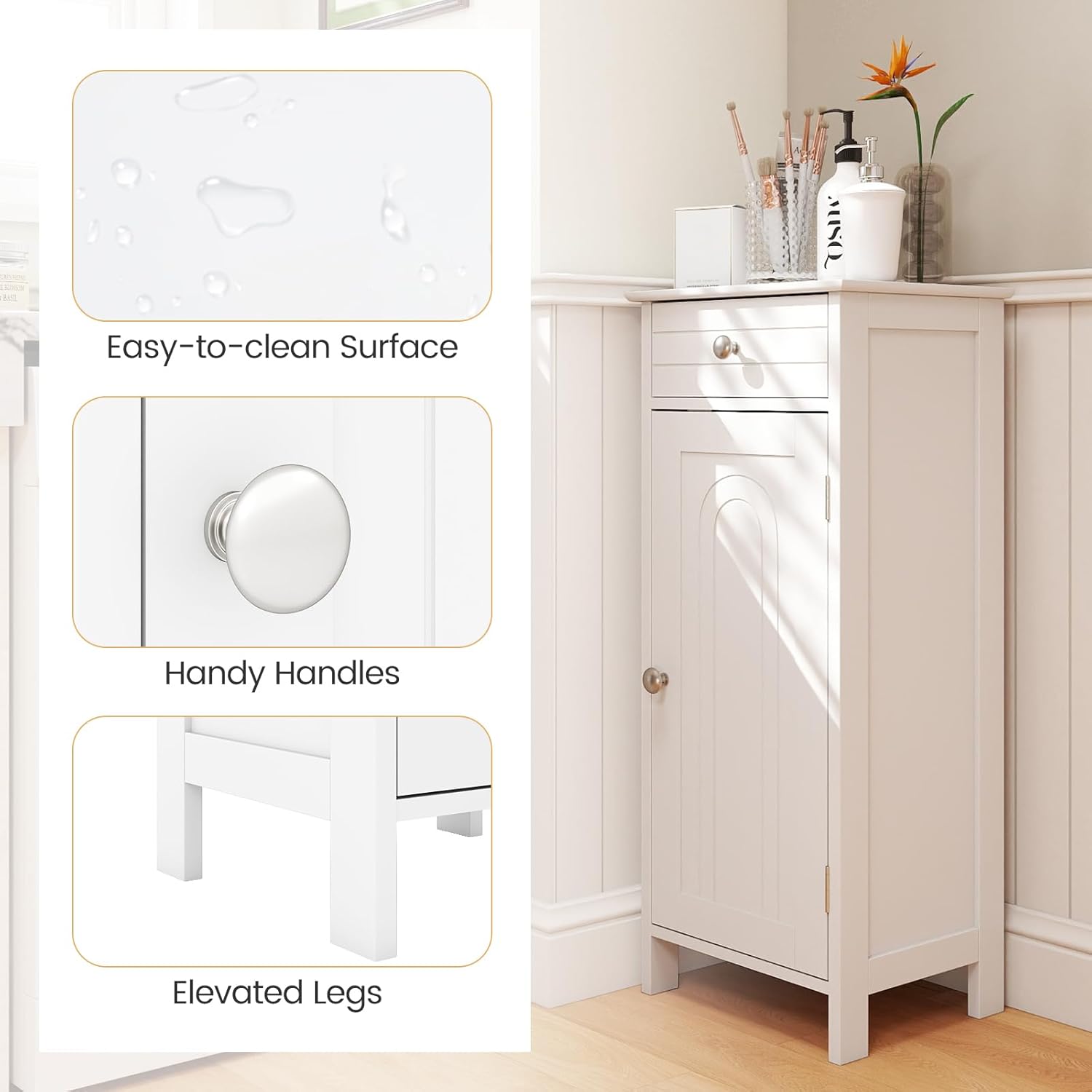 BECOMFORT Bathroom Floor Cabinet, Small Wooden Storage Organizer Unit with Drawers, Adjustable Shelves, Mid Century Modern Bathroom Storage Cabinet for Bedroom, Living Room, Entryway