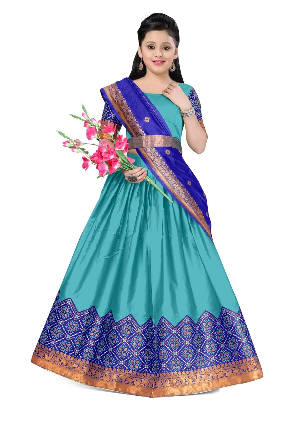 JAY NEJADHARI CREATION Girl's Kanjivaram Traditional South Indian Resam Silk Multicoloure Lehenga Choli set