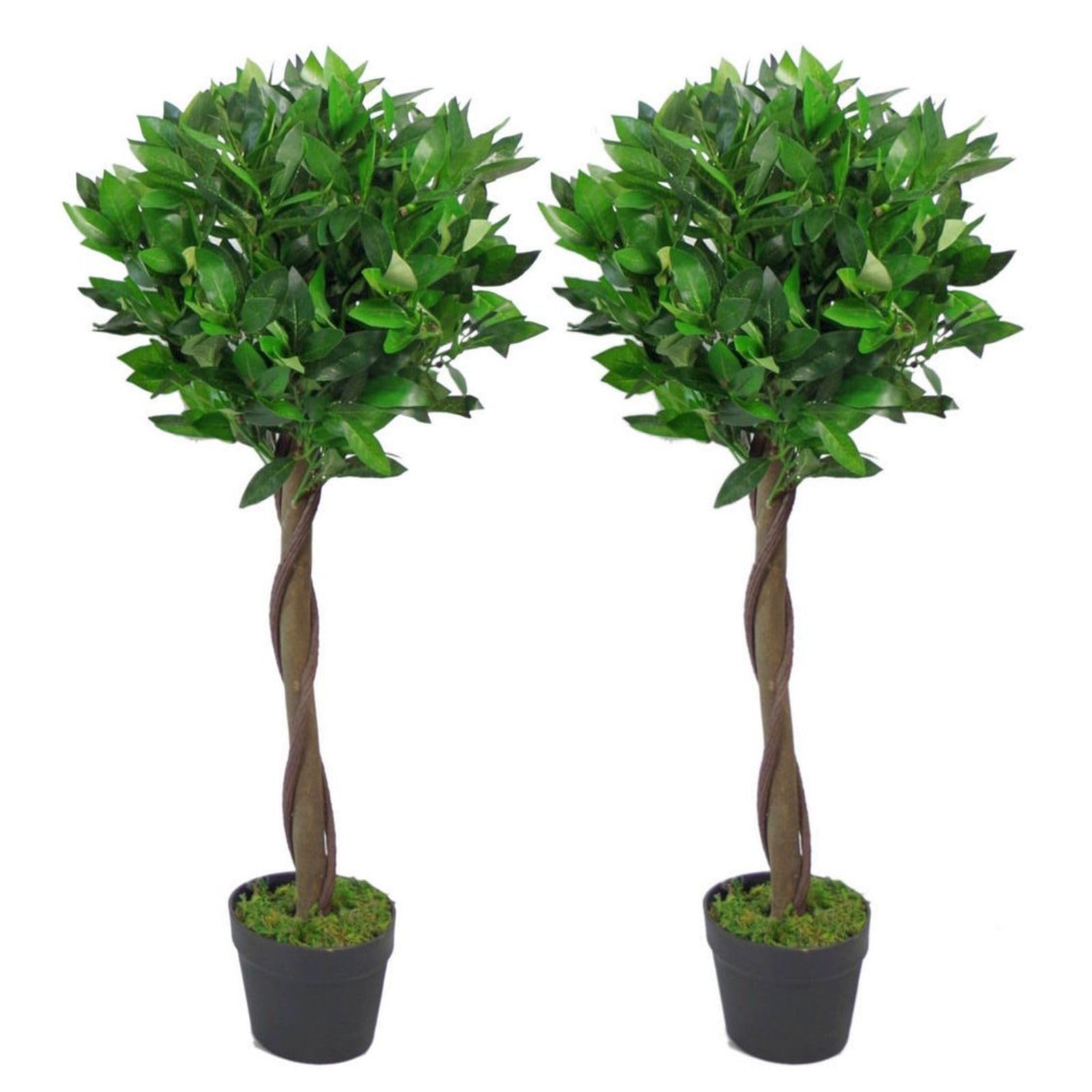 90cm Pair of Artificial Bay Topiary Ball Trees Real Wood Trunk.