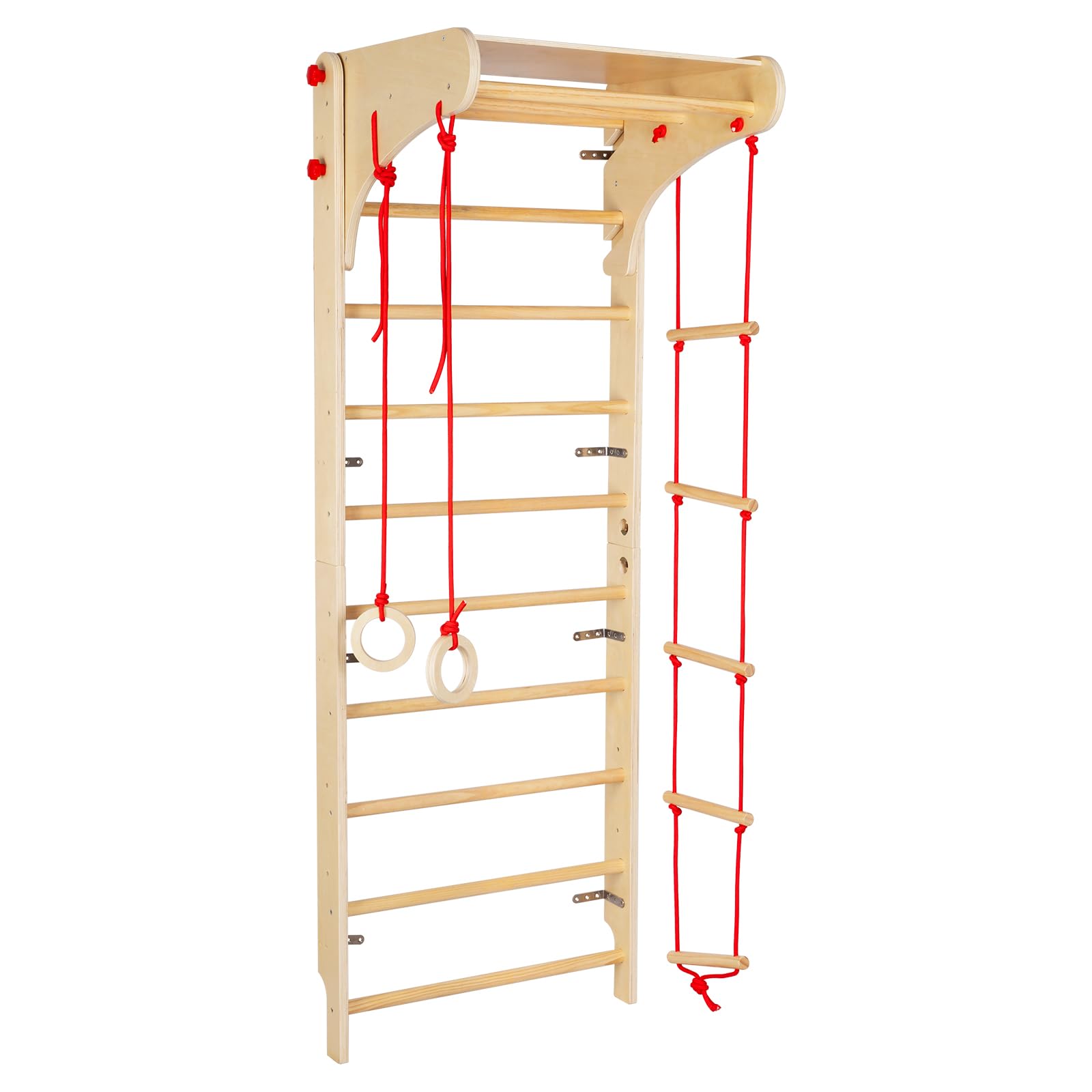 OOOK Swedish Ladder, 4 in 1 Wooden IndoorJungle Gym for Kids, Montessori Climber Playset with Pull-Up Bar, Gymnastic Rings, Wall Ladder, RopeLadder
