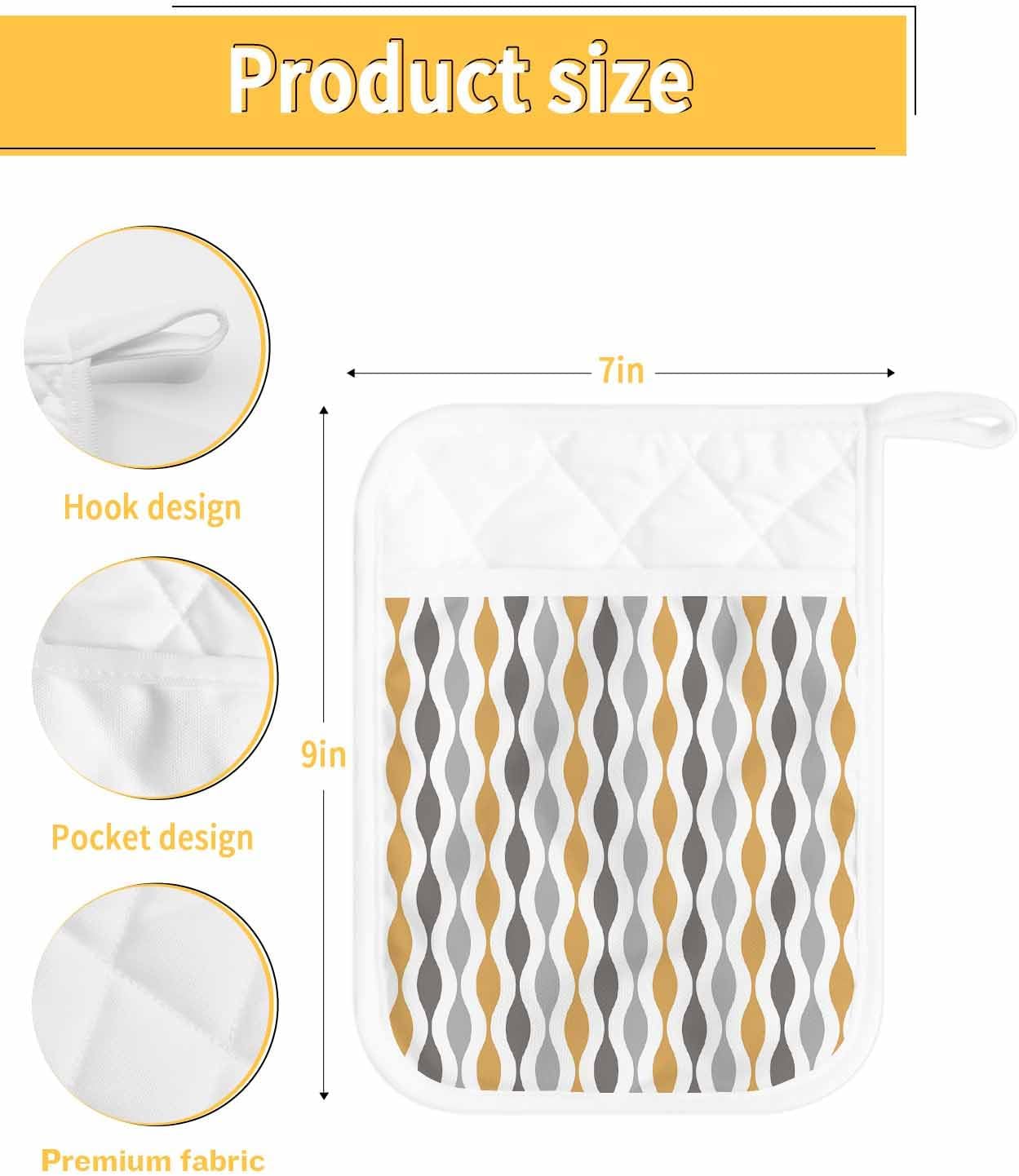 5 Pack Pot Holder with Pocket, Mid Century Yellow Stripe Abstract Geometric Kitchen Potholders Heat Proof Non Slip Pot Holders Sets, Grey Ripple Simple Style Hot Pads Potholder for Cooking Baking BBQ