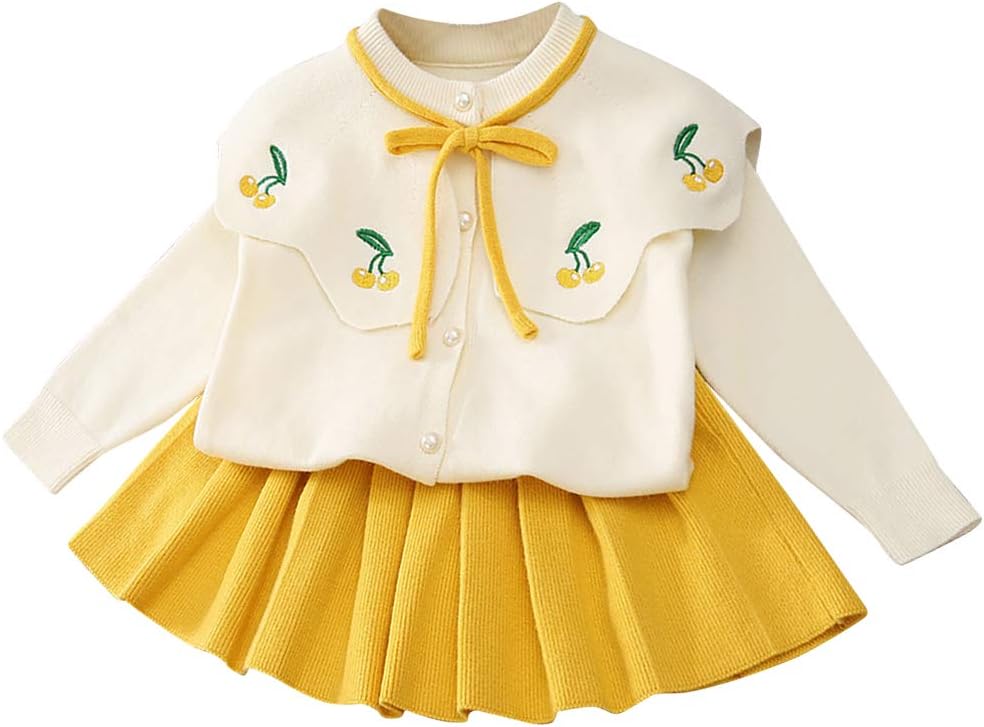 IDOPIP Toddler Baby Girls Ruffle Long Sleeve Knit Sweater Top + Tutu Skirt Casual Birthday Party Dress Fall Winter Outfit Set