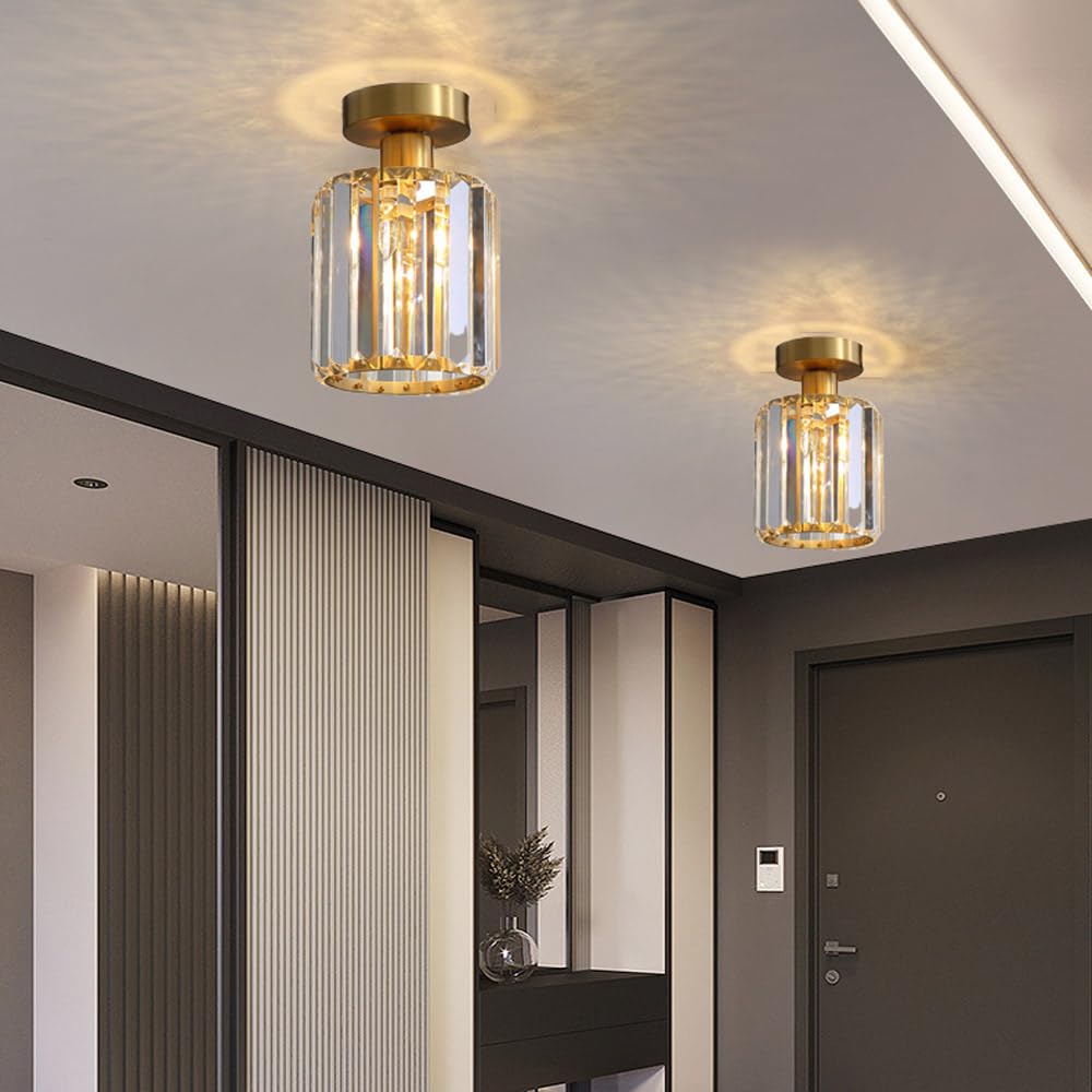 Mini kryształowa oprawa sufitowa, mosiężne lampy sufitowe do montażu półpodtynkowego, gniazdo E27 Nowoczesna złota lampa sufitowa do przedpokoju Kuchnia Sypialnia Salon Przedpokój Szafa Foyer