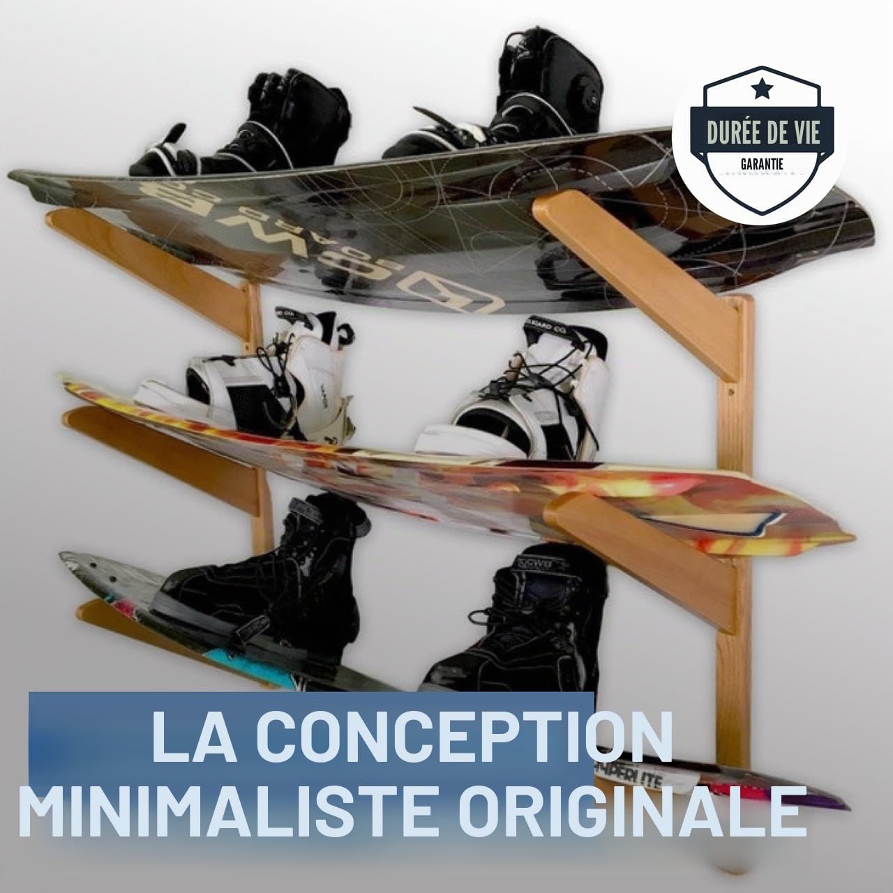 StoreYourBoard Support mural en bois naturel massif pour snowboard, rangement intérieur (pour 3 planches)