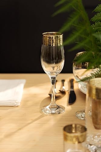 Miniatura 4 de WORLD GIFTS Copas de champán con borde dorado, juego de 6 piezas, diseño de llave griega, vasos contemporáneos