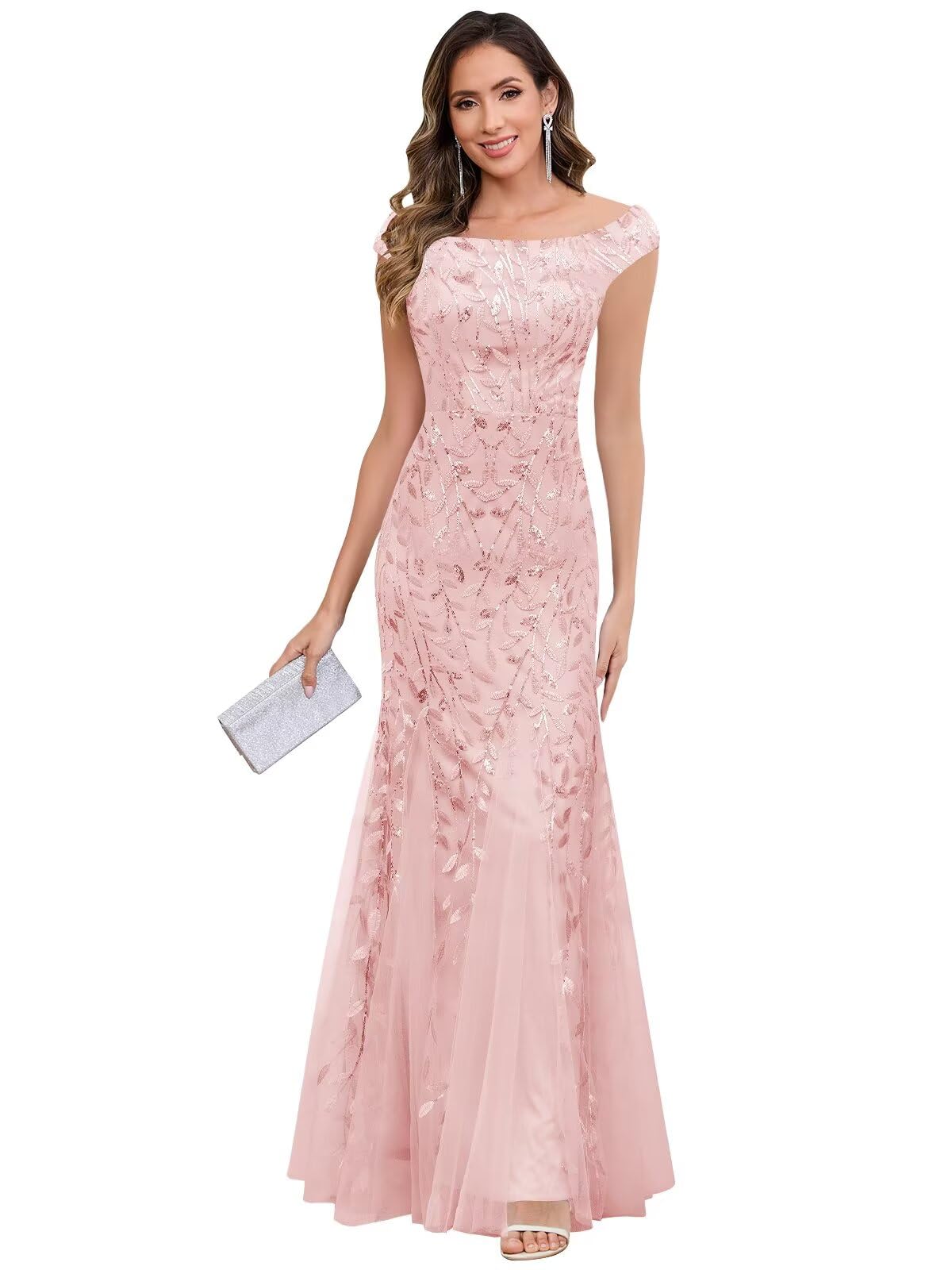 JKGUYO Sequin Mother of The Bride Dresses for Women Off The Shoulder Tulle Mermaid Long Formal Evening Gowns