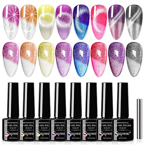 Supwee 2-IN-1 Color Changing Cat Eye Gel Polish Set Temperature Color Change Crystal Cat Eye Nail Gel Polish Holographic Glitter Cat Eye Gel Polish Set Varnish Soak Off UV Gel 8 Color-7ml(0.24fl.oz)