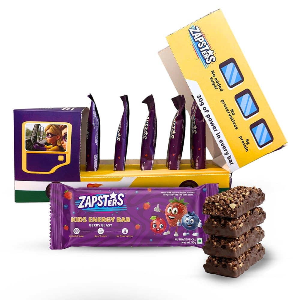 Zapsters Kids Energy Bar | Plant Based Snack | No Added Sugar | Gluten Free | No Palm Oil & Preservatives | Vegetarian | Berry Blast Flavor | Box of 6 (30g Each)