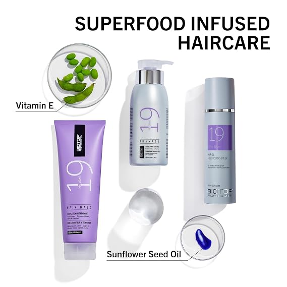 Biotop Professional 19 Pro Silver Shampoo - Purple Shampoo to Neutralize Yellow and Brassy Tones - Made with Sunflower Oil and Vitamin E - For Blonde or Bleached Hair - 8.45 oz