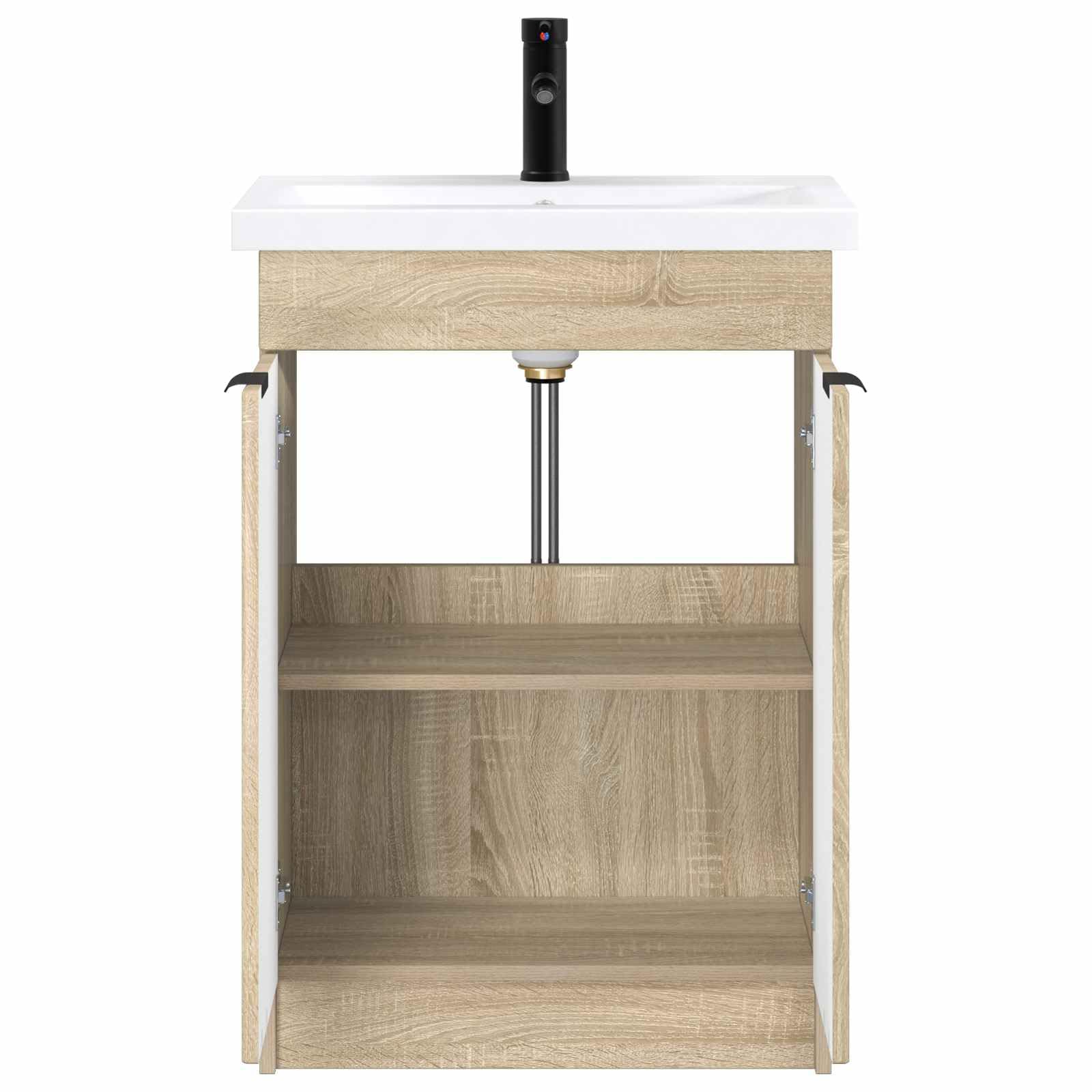 Zestaw mebli łazienkowych dąb Sonoma 78,5 x 37,5 x 81 cm z umywalką, kranem i miejscem do przechowywania, nowoczesny design, trwały materiał drewnopochodny, funkcjonalny do renowacji i montażu