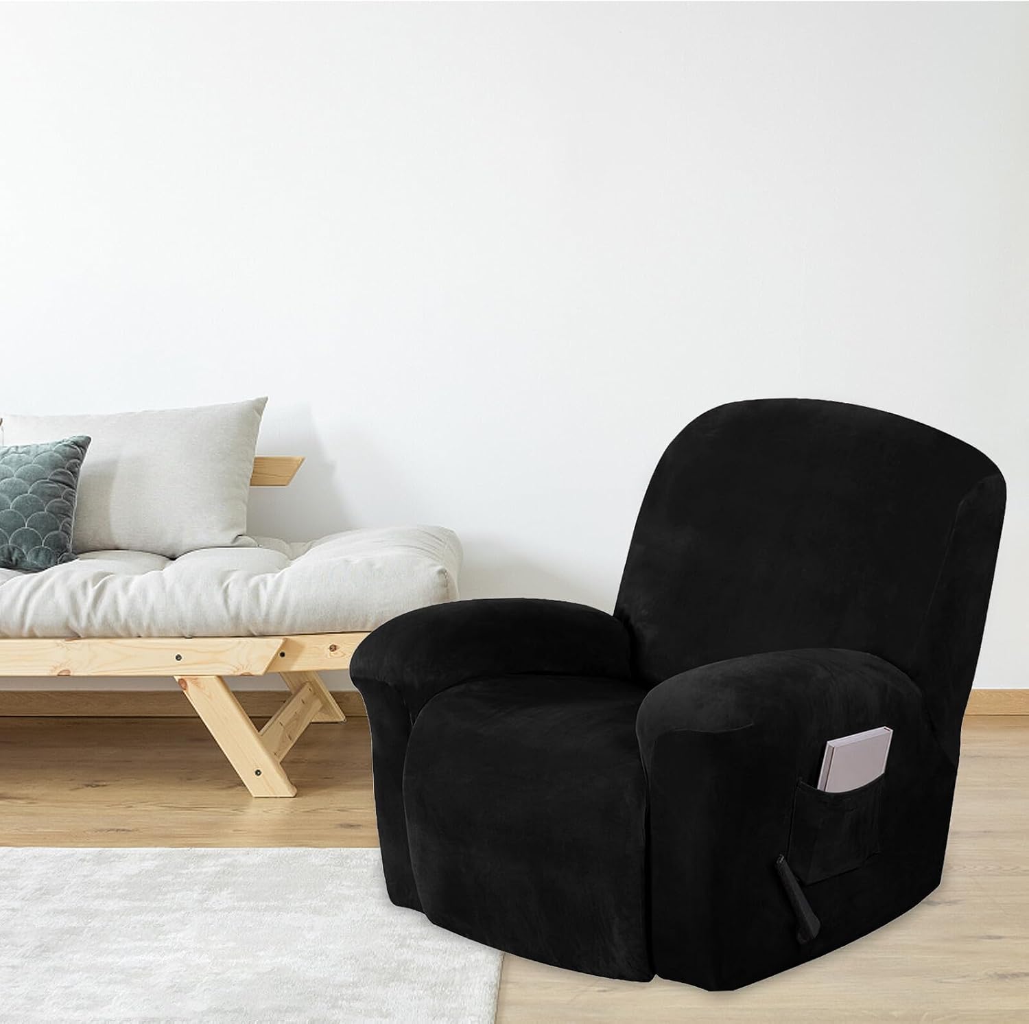 VALICLUD Recliner Slipcover Set 4pcs Black Stretch Sofa Cover with Plush Velvet Fabric, Thickened Soft Protective Couch Cover for Indoor Recliner Chairs with Side Pocket