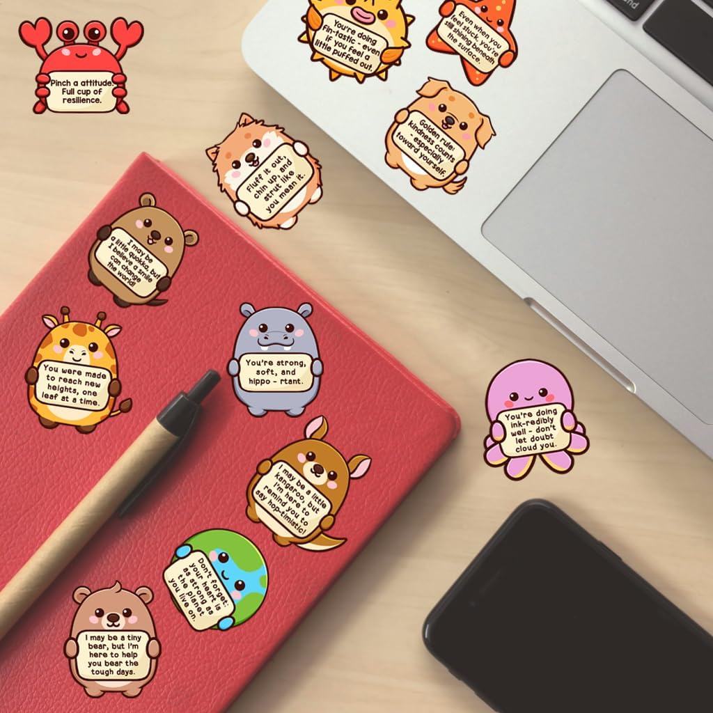 400Pcs Tiny Cheer Squad Emotional Support Animals By Puraesla - Positive Affirmation Sticker Pack, Cute Animal Vinyl for Water Bottle Laptop Computer Luggage. Inspirational Mental Health Decoration