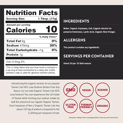 Miniatura 2 de San-J - Salsa de soja Tamari orgánica sin gluten con un 50% menos de sodio - Hecho con 100% soja entera - Especialmente elaborado - Botella de 20