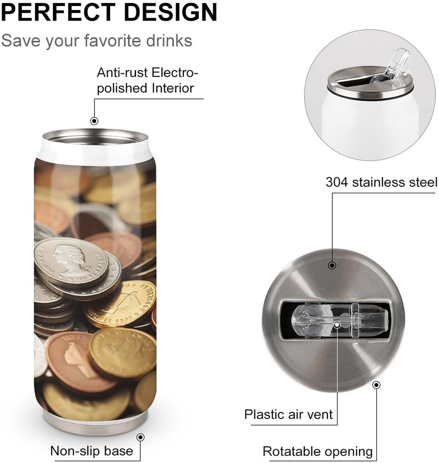Stainless Steel Cups Currency Coin Printed Coke Cup Stainless Steel Insulated Cups with Lid And Straw
