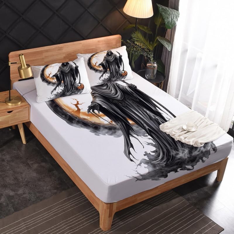 Miniatura 3 de Helloween Sheets - Juego de sábanas y fundas de almohada de esqueleto, 100% microfibra, bolsillo profundo, incluye 1 sábana encimera, 1 sábana