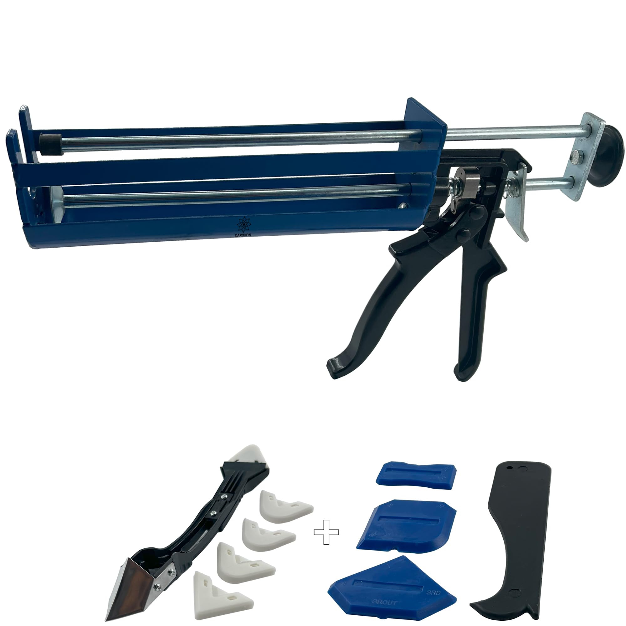 KARBXON KBX57 Adhesive epoxy dispenser 400ml 3:1 mix 26:1 thrust ratio professional contractor grade heavy duty dual component quick release dripless applicator and (9) piece tools set - Qty