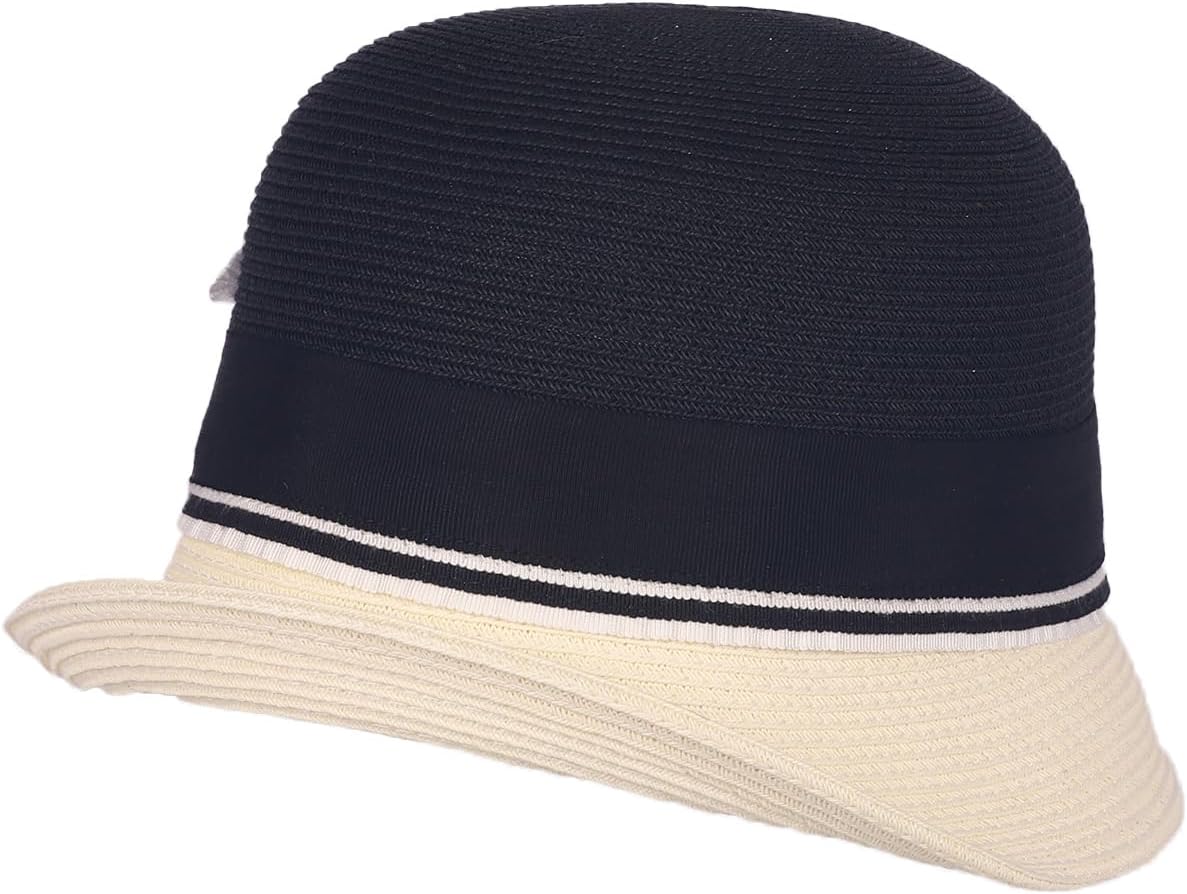 Straw Cloche Hat with Bow Rolled Brim - Black & Beige Color-Blocking Design for Weddings,Parties,Outdoor Events - Image 4