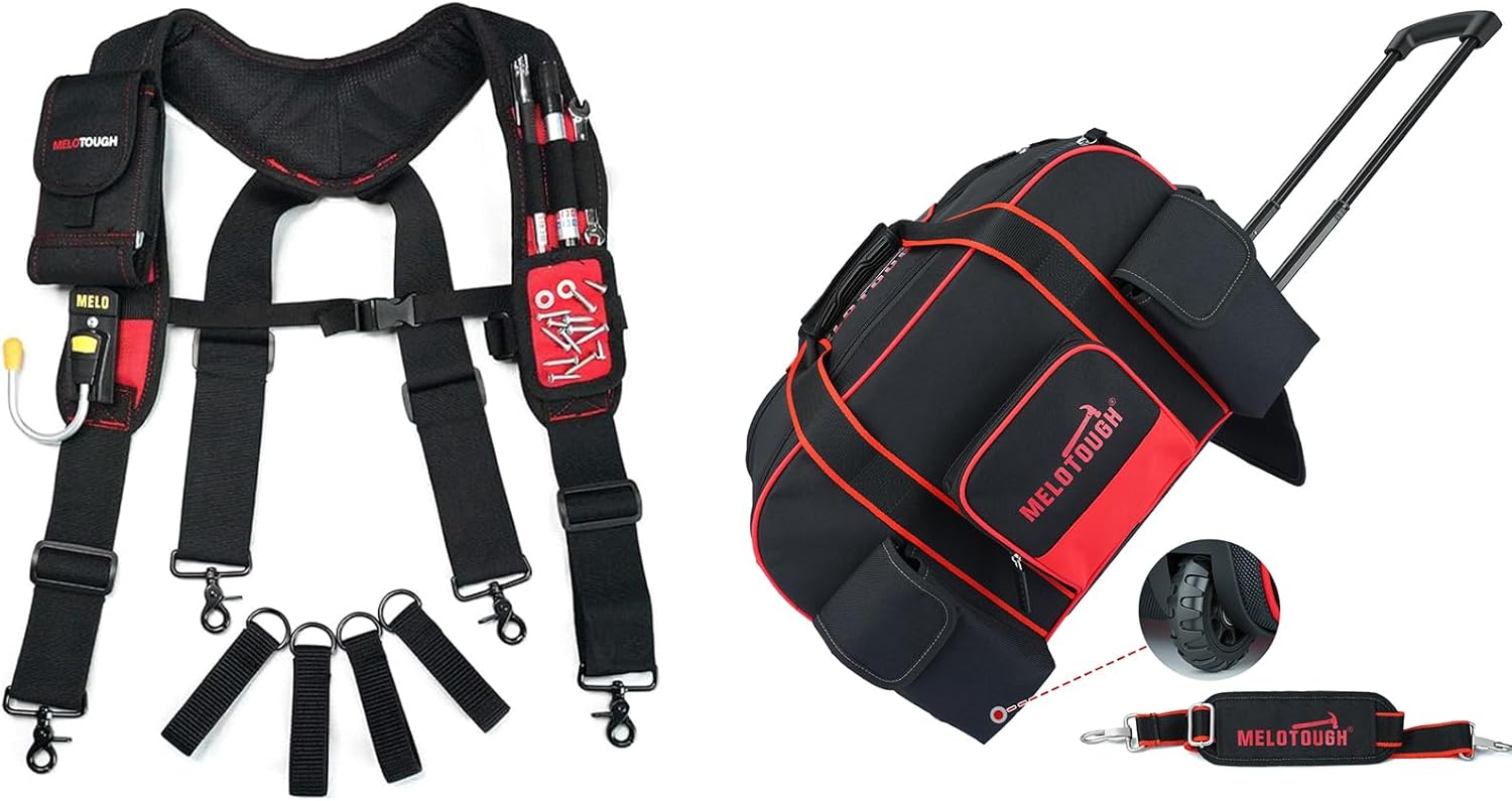MELOTOUGH Magnetic Tool Belt Suspenders，Heavy-Duty Adjustable Padded Carpenter Work Belt Suspenders, Rolling Tool Bag with Wheels, Concealed Telescoping Handle