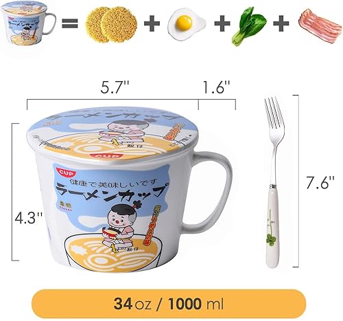 Miniatura 7 de ECTbicyk Tazón para ramen con tapa, cuenco creativo de fideos instantáneos, cuenco de sopa de cerámica de gran capacidad con asa (rosa, 33 onzas)