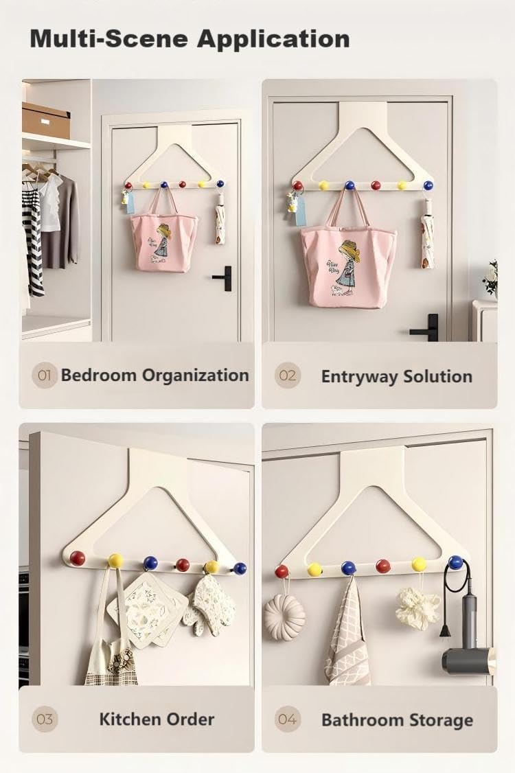 Pastel Over Door Hooks with Damage-Free Adhesive Mount, 6 Heavy Duty Hooks 10.6 Inch Height No Drill for Towels & Bags (Macaron, Extended)