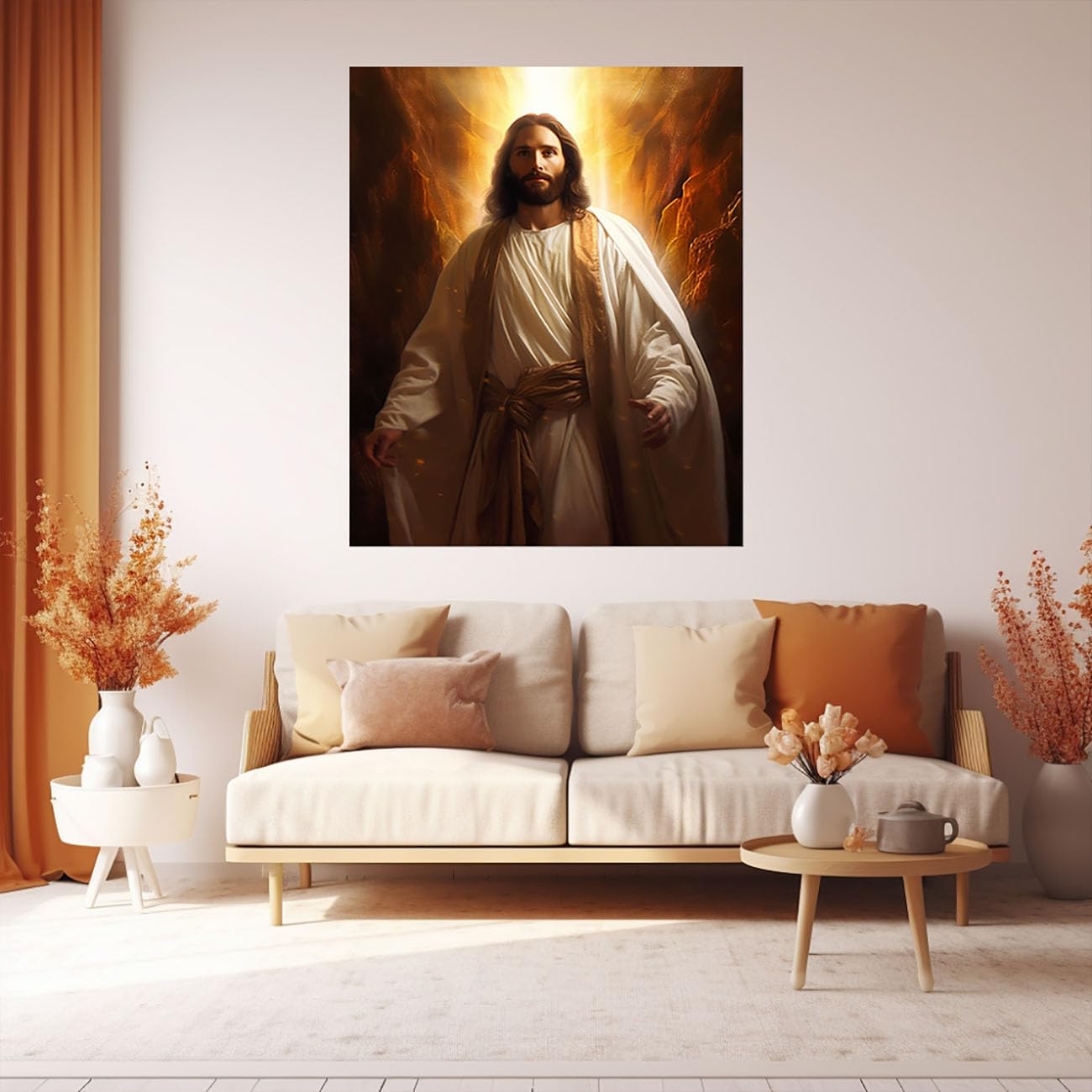 WIKEO Chrystus dekoracja ścienna Jezus Jezus otwiera swoje ręce, płótno, plakat i druki, sztuka ścienna, obrazy - do salonu, sypialni, dekoracja domu (złota 9) - 60 x 90 cm, oprawiona