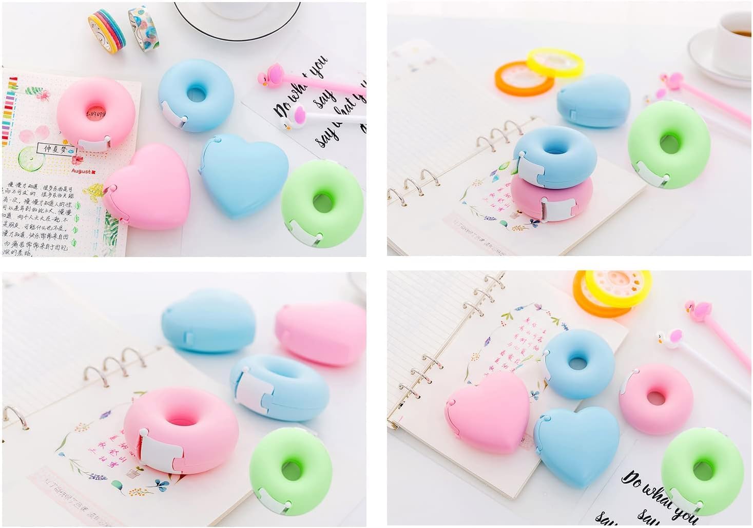 2 Pieces Tape Dispenser, Donut Shape Candy Color Tape Dispensers Donut Invisible Tape Cutter Tape Organizer Portable Roll Tape Holder for Office or School Supply(Blue, Green) image 5