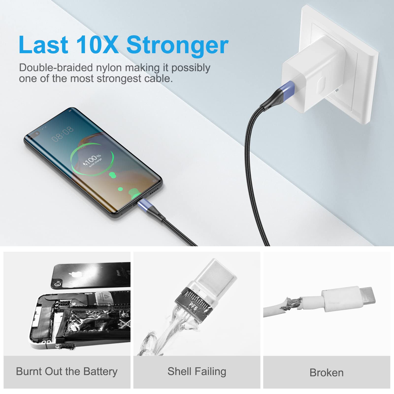 Câble USB Type C Charge Rapide 3M Nylon Tressé 3A Chargeur Rapide Type C vers A Compatible avec Samsung Galaxy S21 S20 S10 S9 S8 Plus Note 20 8 LG V50V 40 G8 (Bleu)