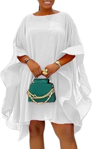 LAJIOJIO Women's Flowy Chiffon Mini Dresses,Ruffle Loose Sleeve Crew Neck Short 