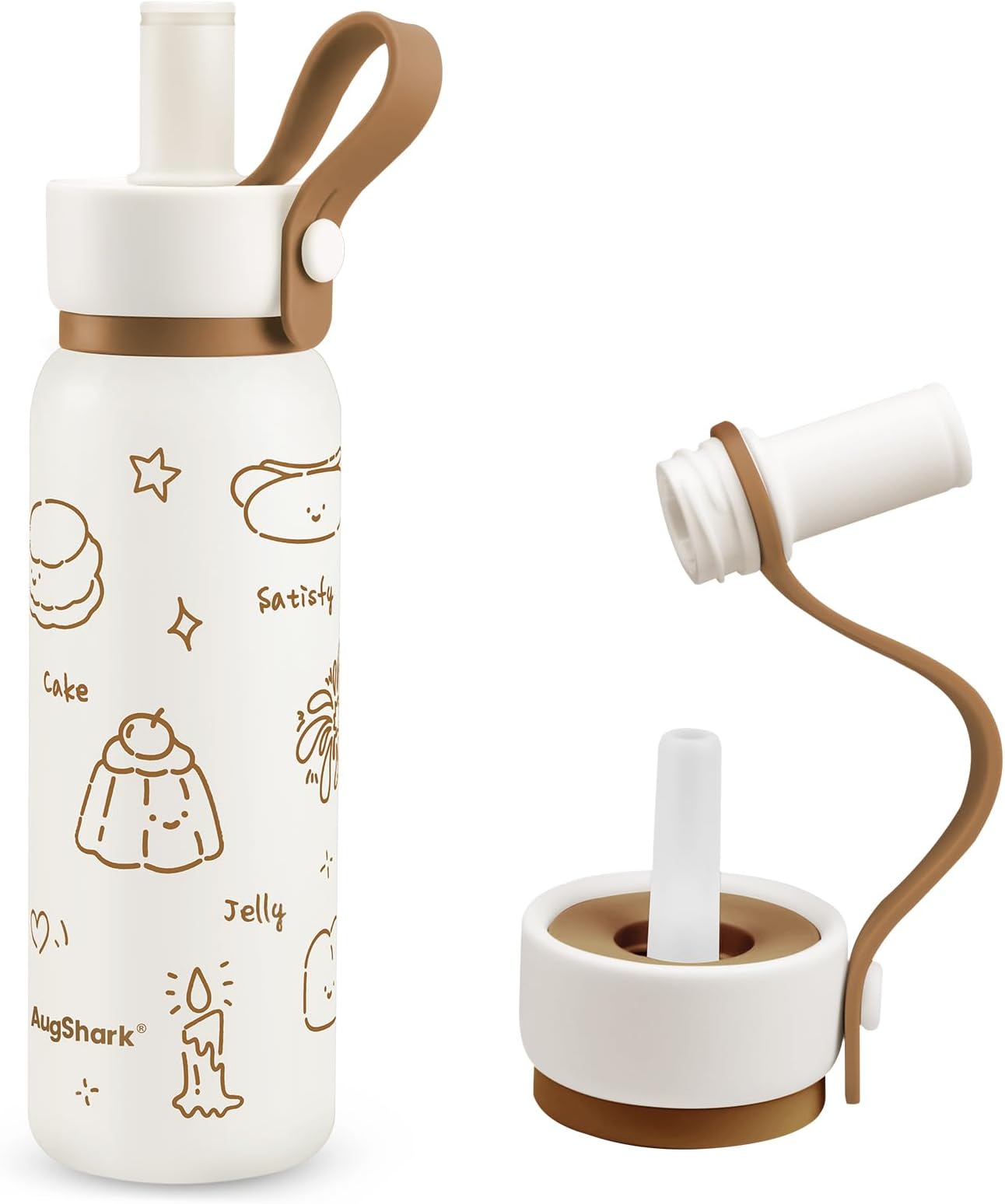 24 oz Insulated Water Bottle with Straw & Handle, Cute Double Wall Vacuum Stainless Steel Tumbler, Fits Car Cupholder, Leak Proof Water Flask Jug for Travel, Camping, Gym and School (Brown)