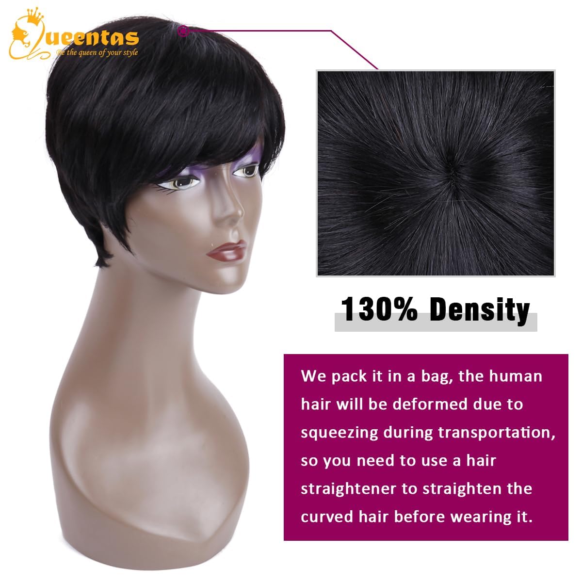 QUEENTAS Human Hair Wig Short Wigs for Black Women Pixie Cut Wig Brazilian Glueless Real hair Wigs for Daily Use(Natural Black#1B) - Image 3
