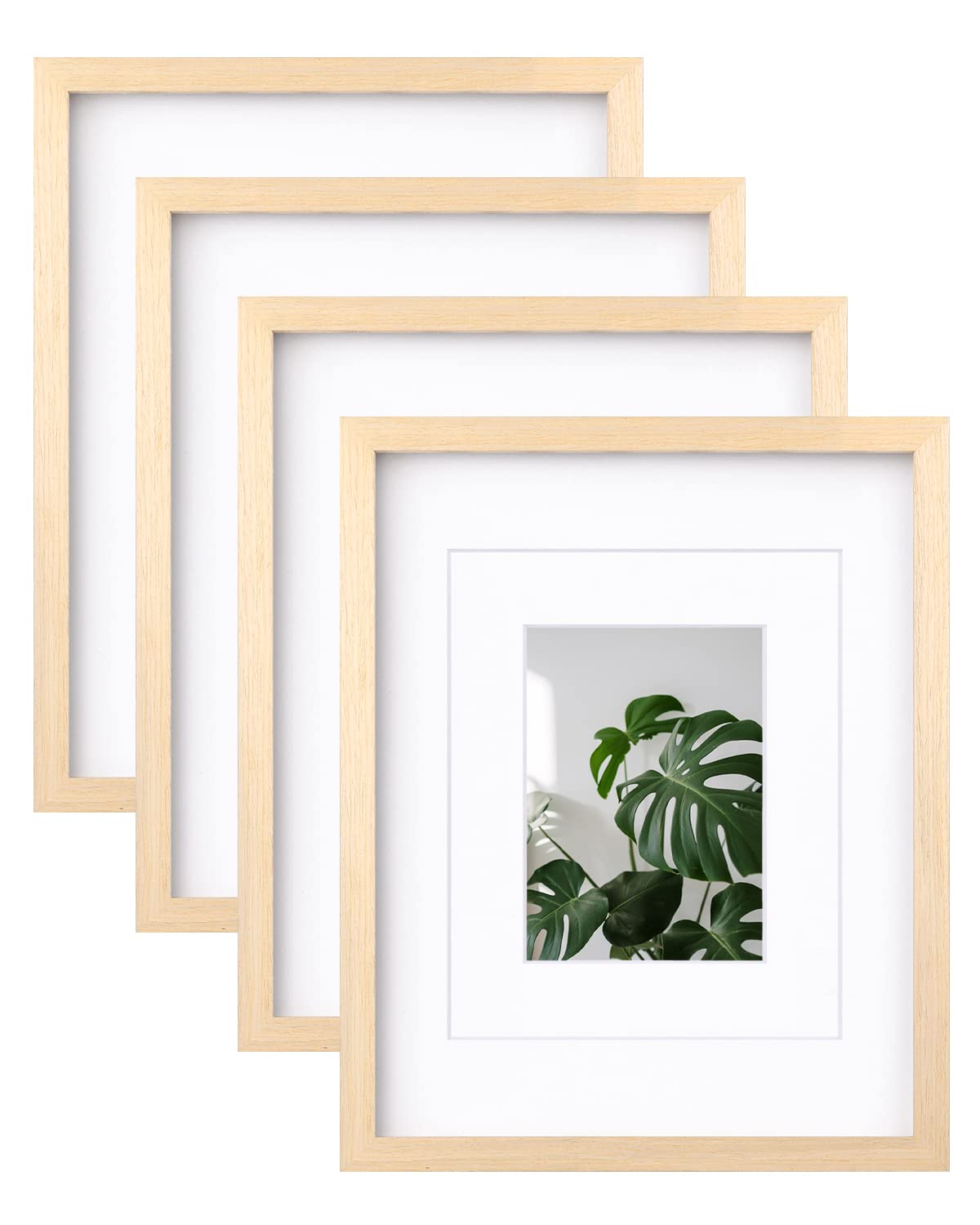 Egofine 11x14 Picture Frames Made of Solid Wood with Plexiglass, Display Pictures 5x7/8x10 with Mat or 11x14 Without Mat Set of 4 for Tabletop and Wall Mounting, Natural Wood